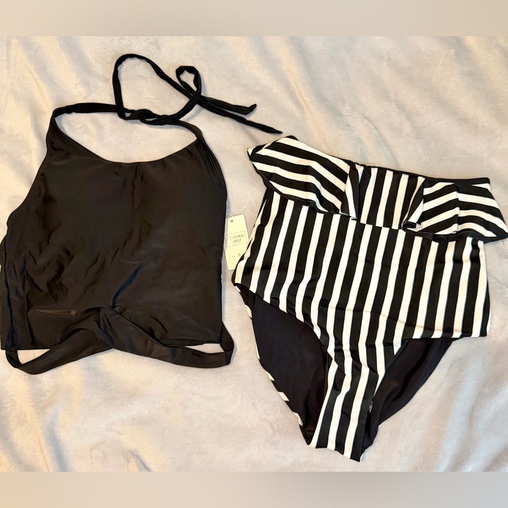 NWT Coral Reef Black Halter Top and Striped High-Waist Bikini Set